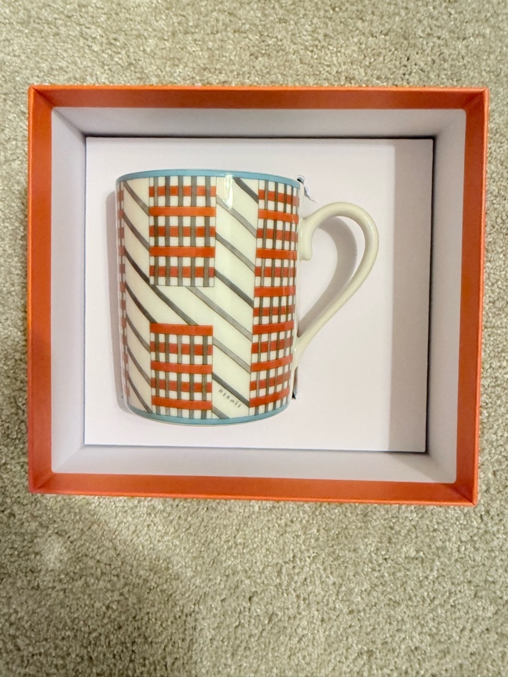 Hermes La Maison Orange, White and Teal Geometric Porcelain Mug
